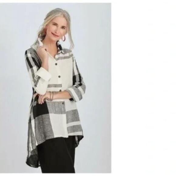 beau jours Tops - BEAU JOURS Merina Shirt Black & White 100% Linen size LARGE/X-LARGE